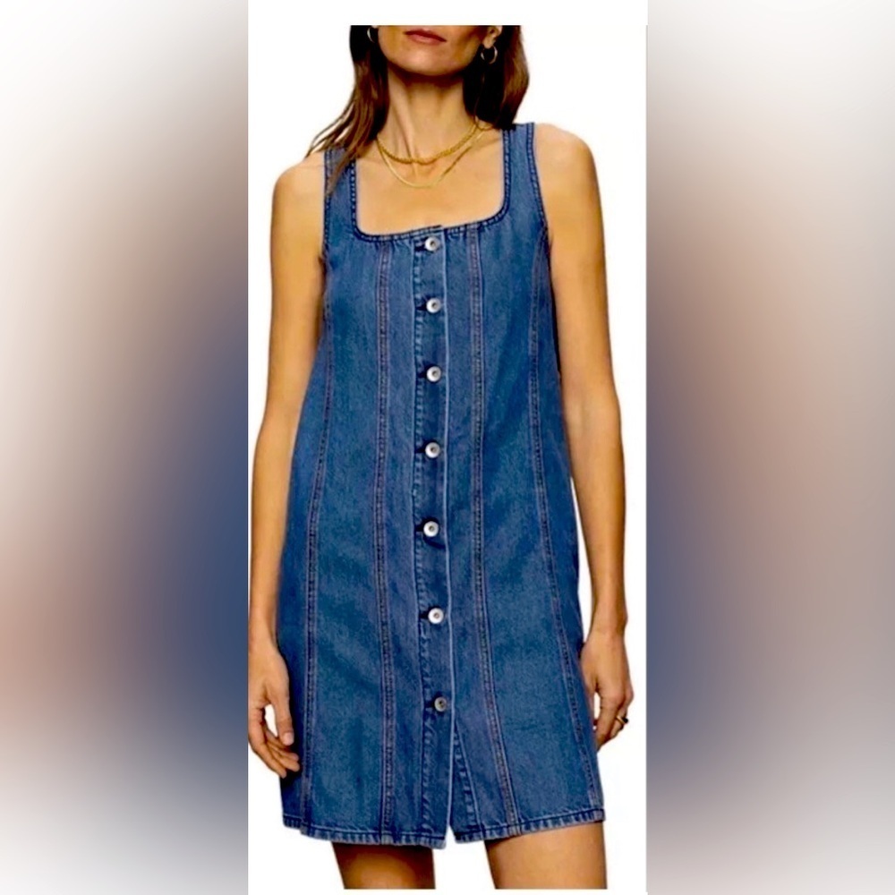 NWT Sanctuary Denim Shift Dress Blossom small button down front with piping back - Picture 2 of 8